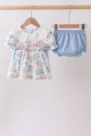Blue Floral Smocked Ruffle Bloomer Set