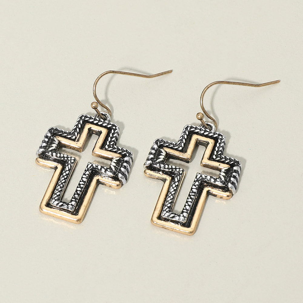 Two Tone Antique Metal Open Cross Charm Drop Dangle Earrings