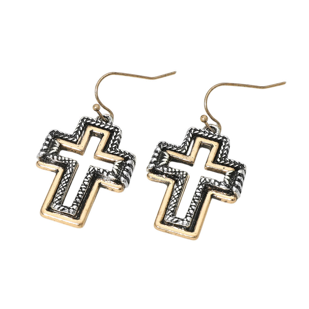 Two Tone Antique Metal Open Cross Charm Drop Dangle Earrings