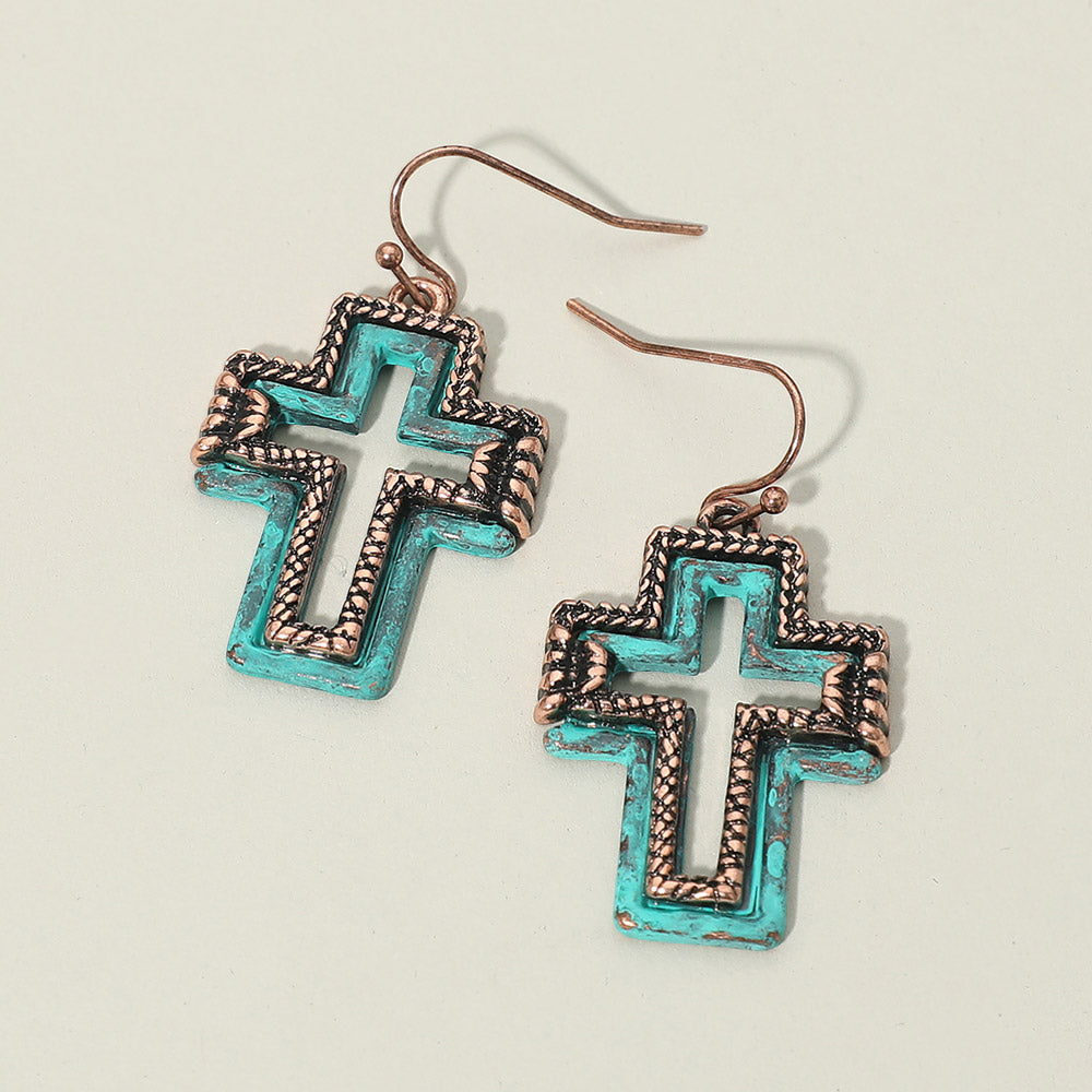 Two Tone Antique Metal Open Cross Charm Drop Dangle Earrings