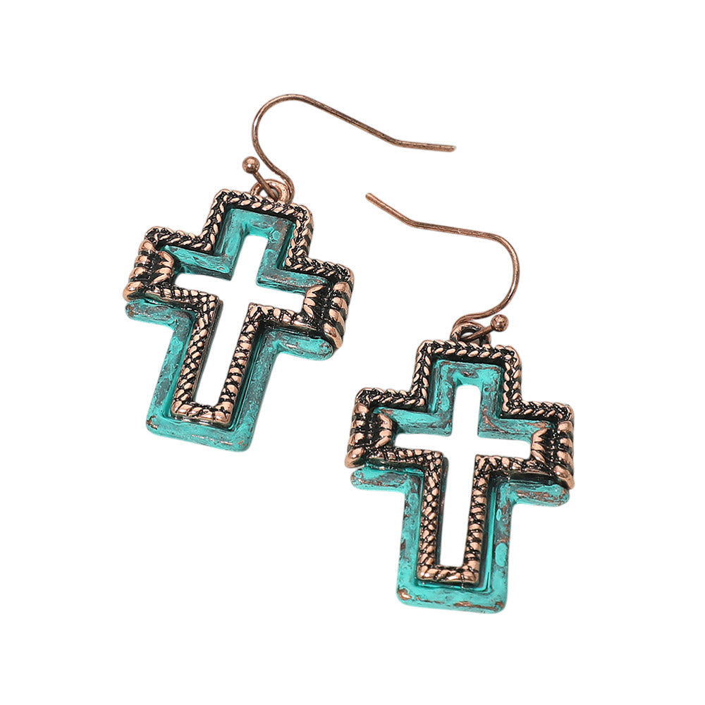 Two Tone Antique Metal Open Cross Charm Drop Dangle Earrings