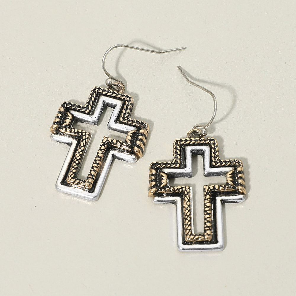 Two Tone Antique Metal Open Cross Charm Drop Dangle Earrings