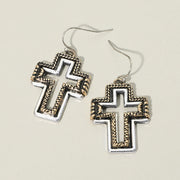 Two Tone Antique Metal Open Cross Charm Drop Dangle Earrings