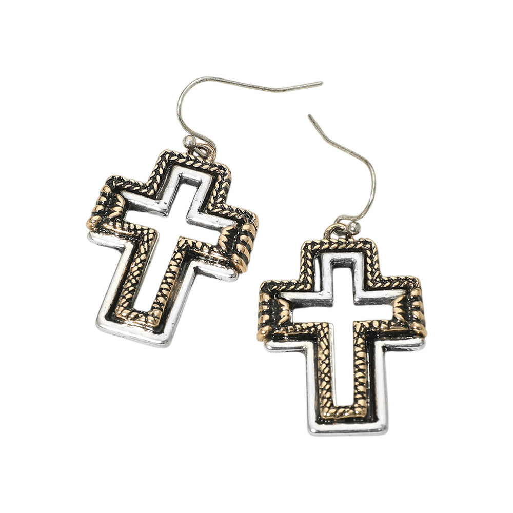 Two Tone Antique Metal Open Cross Charm Drop Dangle Earrings