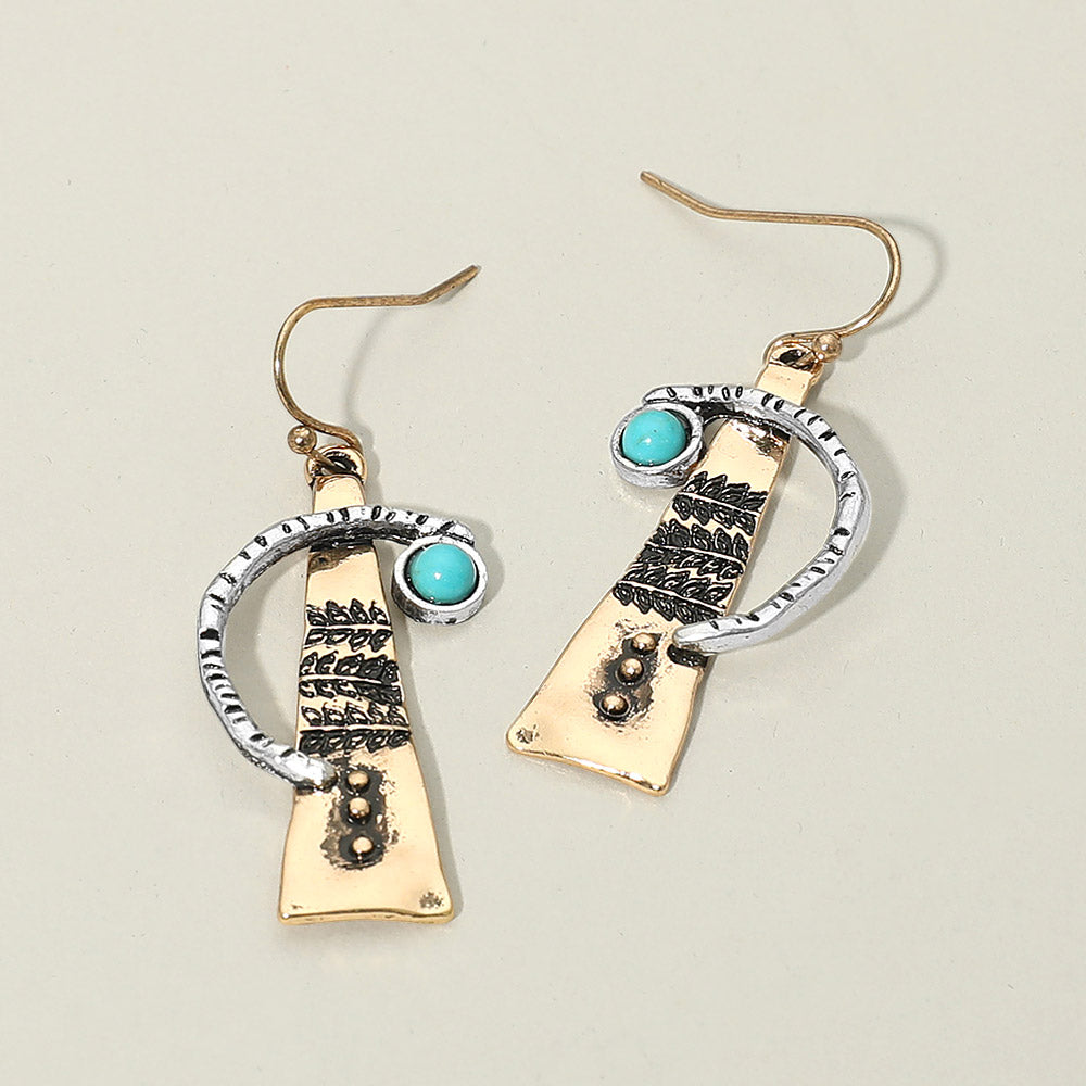 Turquoise Stone Accent Abstract Textured Metal Drop Earrings