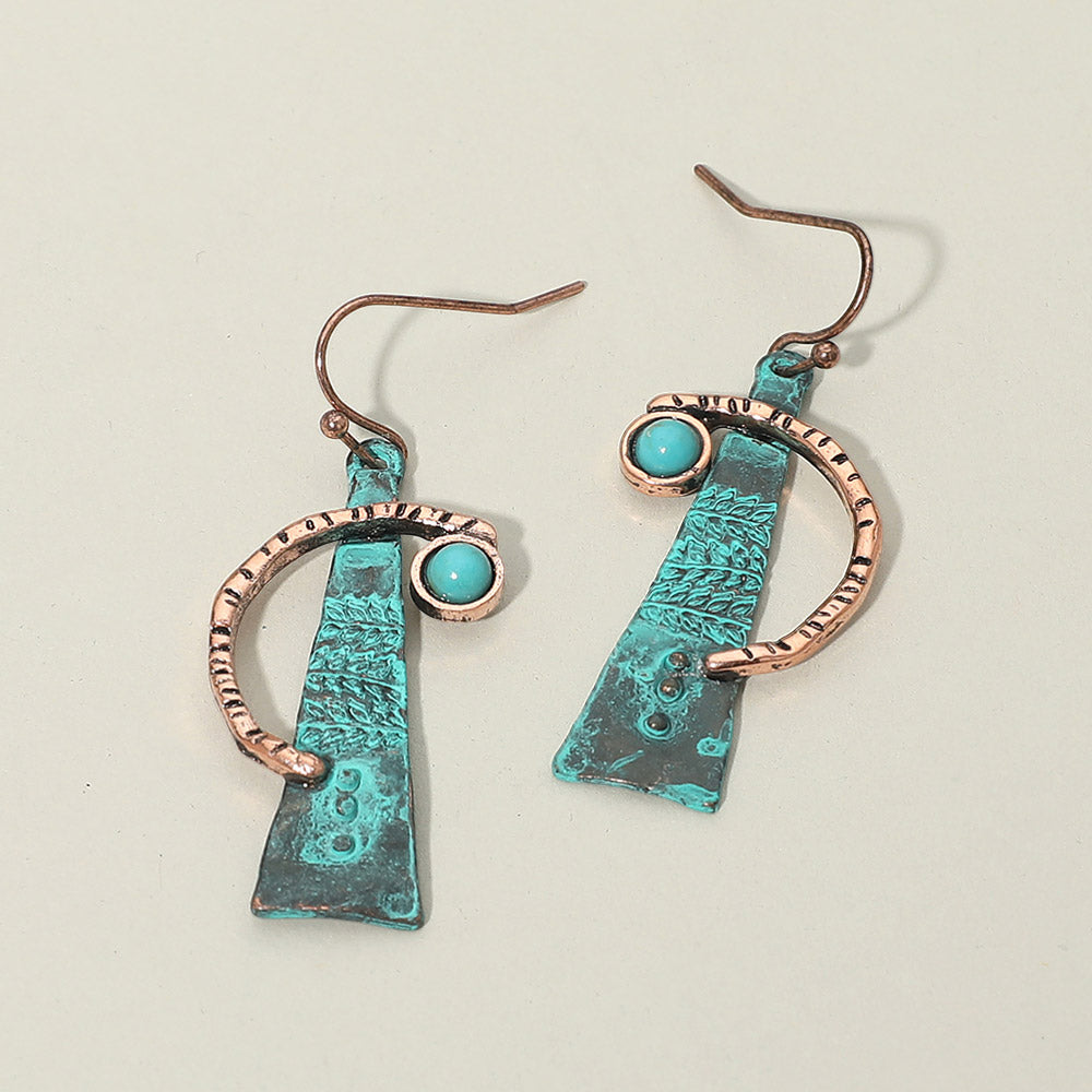 Turquoise Stone Accent Abstract Textured Metal Drop Earrings