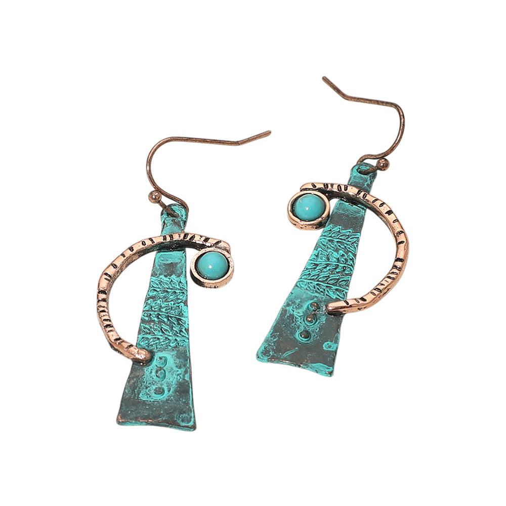 Turquoise Stone Accent Abstract Textured Metal Drop Earrings