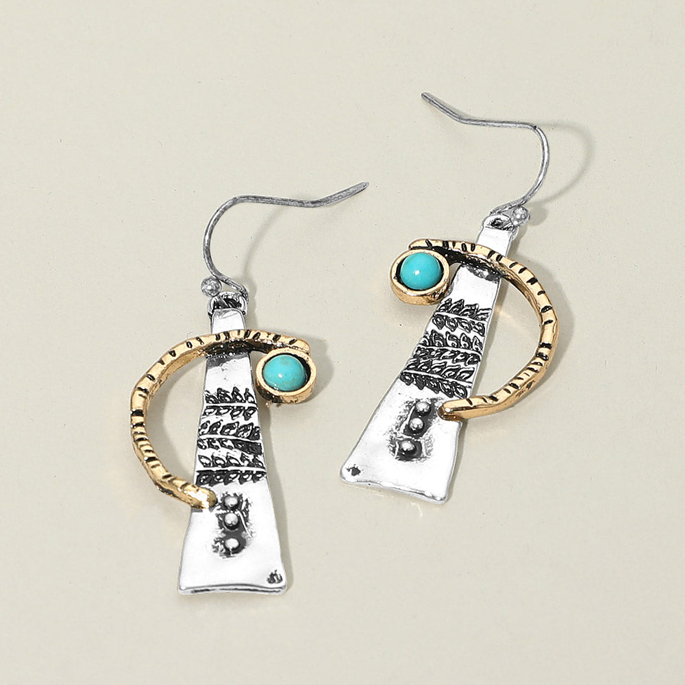 Turquoise Stone Accent Abstract Textured Metal Drop Earrings