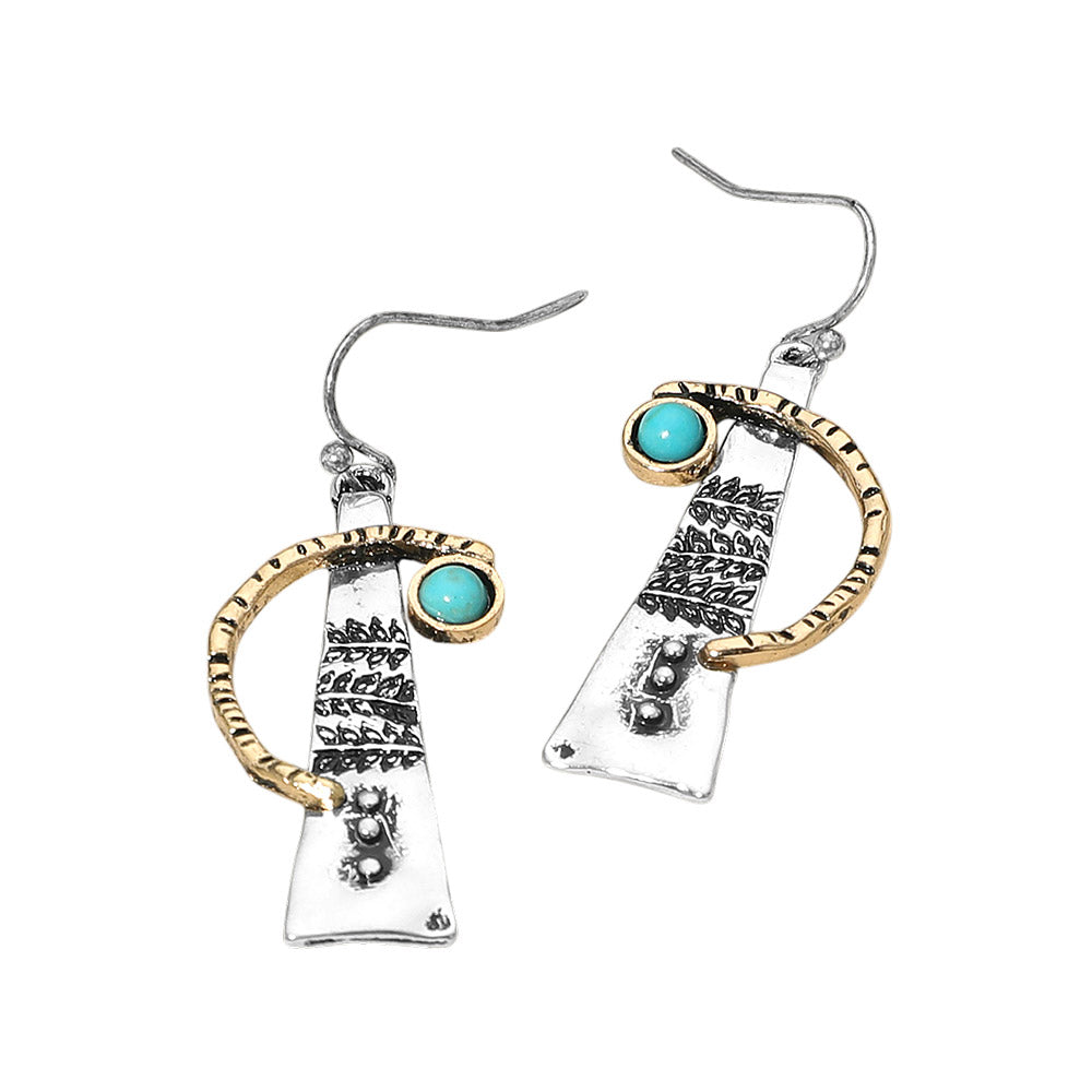 Turquoise Stone Accent Abstract Textured Metal Drop Earrings