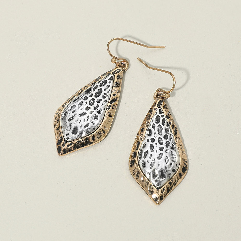 Textured Metal Two Tone Filigree Teardrop Drop Earrings