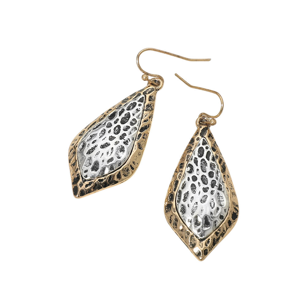 Textured Metal Two Tone Filigree Teardrop Drop Earrings
