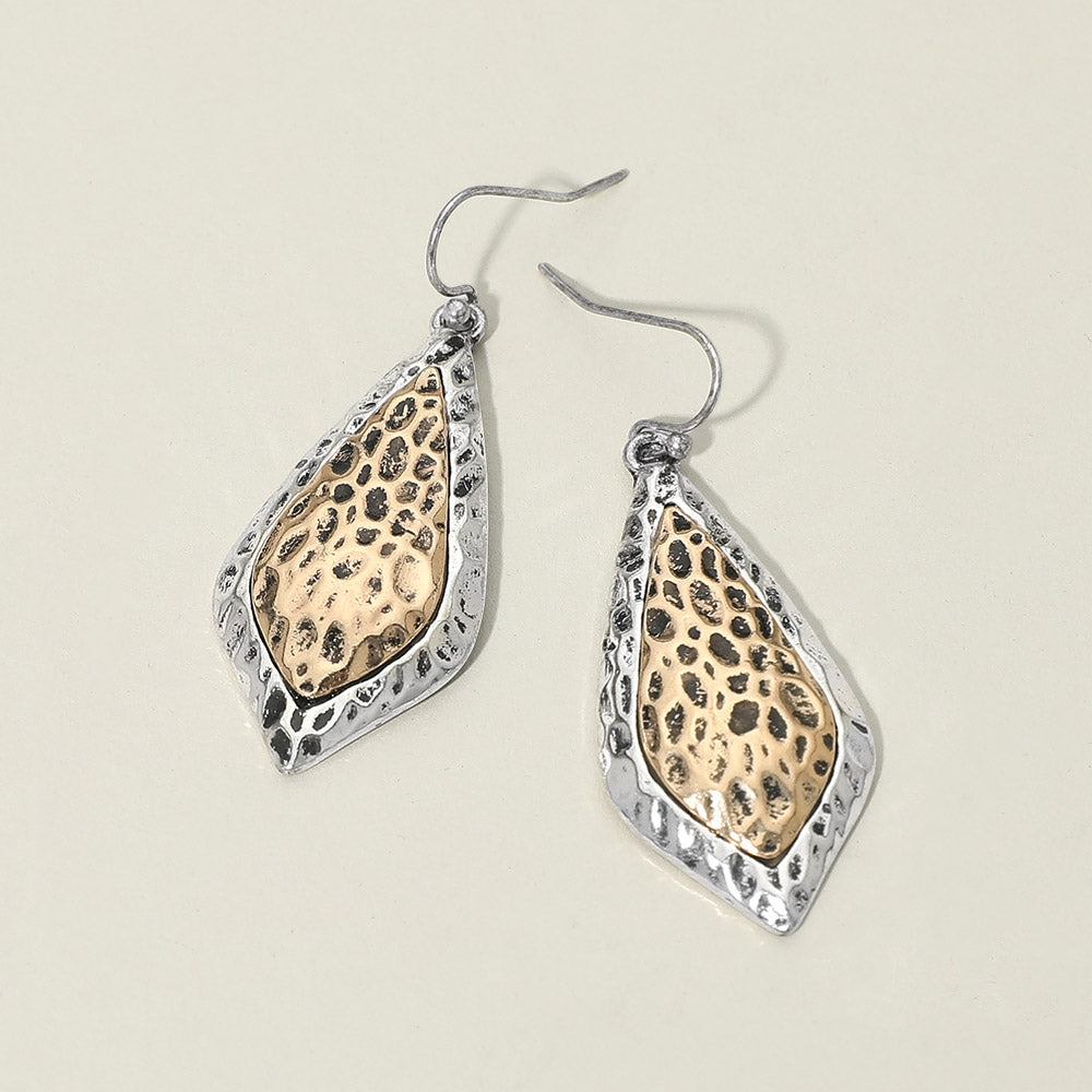 Textured Metal Two Tone Filigree Teardrop Drop Earrings