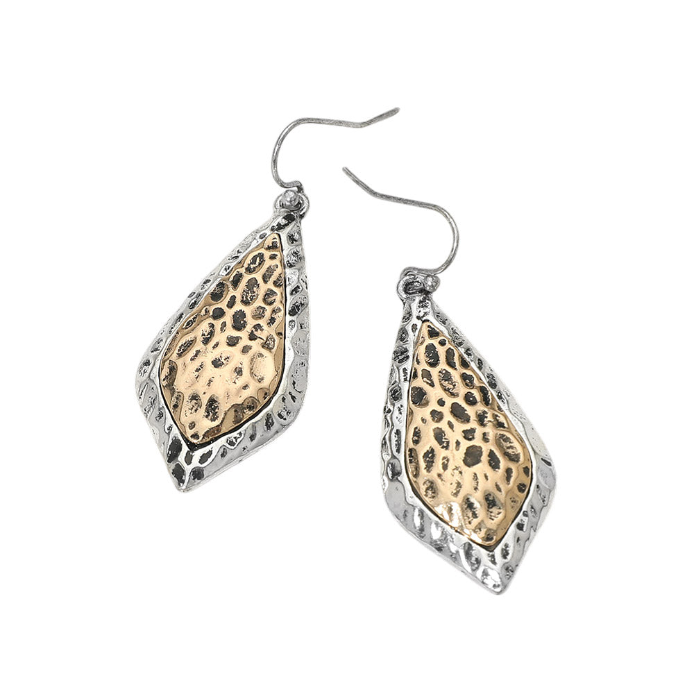 Textured Metal Two Tone Filigree Teardrop Drop Earrings