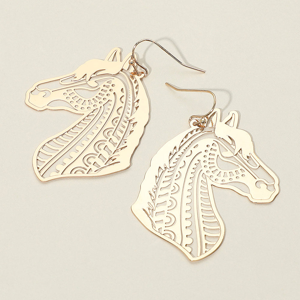 Brass Metal Filigree Horse Dangle Earrings
