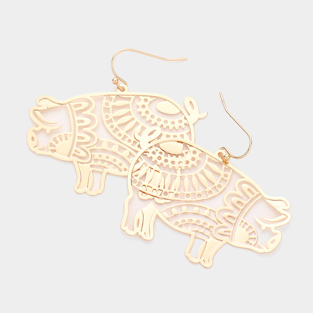 Brass Metal Cutout Pig Dangle Earrings