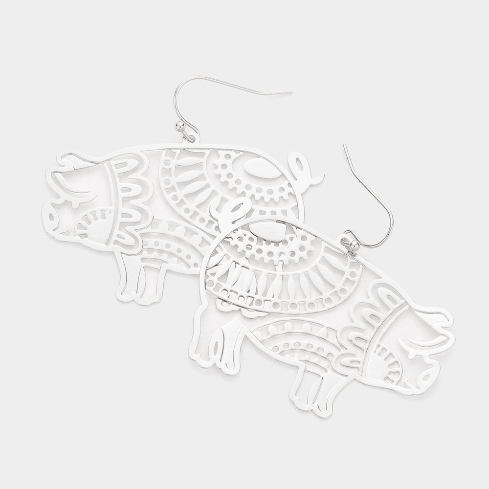 Brass Metal Cutout Pig Dangle Earrings