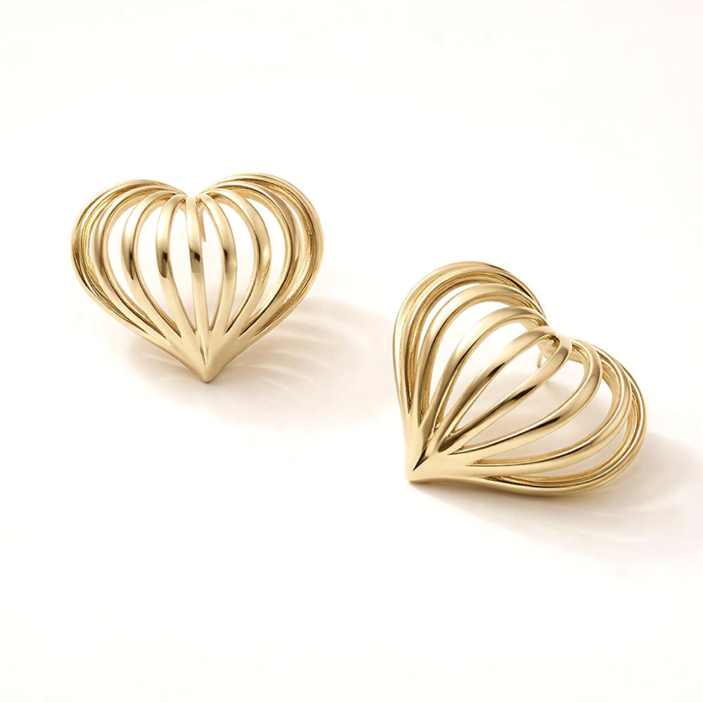 14K Gold Dipped Sculpted Heart Cage Stud Earrings