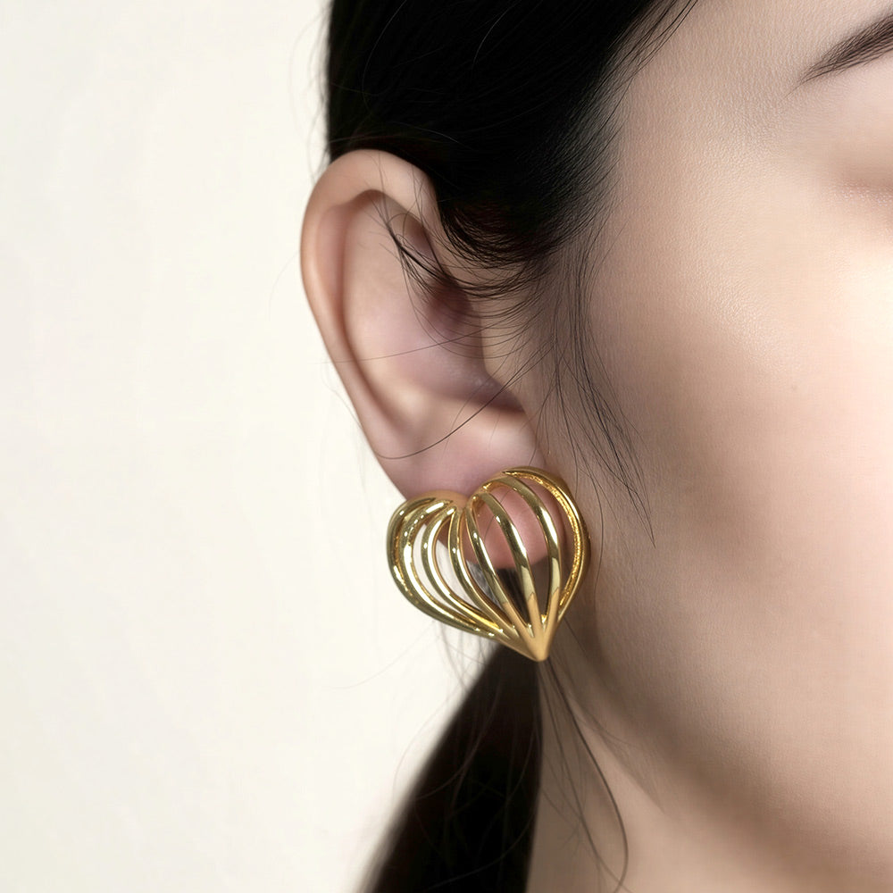 14K Gold Dipped Sculpted Heart Cage Stud Earrings