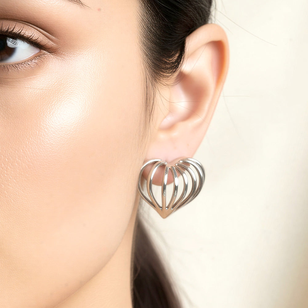 White Gold Dipped Sculpted Heart Cage Stud Earrings