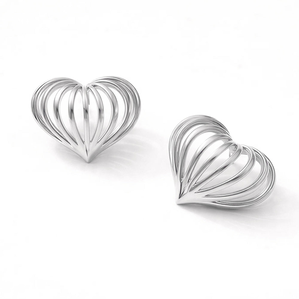 White Gold Dipped Sculpted Heart Cage Stud Earrings