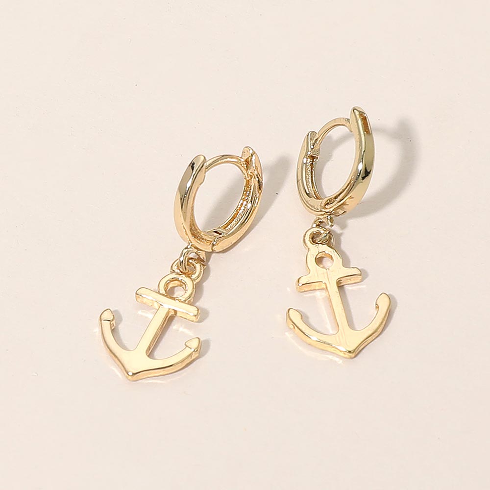 Anchor Charm Drop Huggie Hoop Earrings