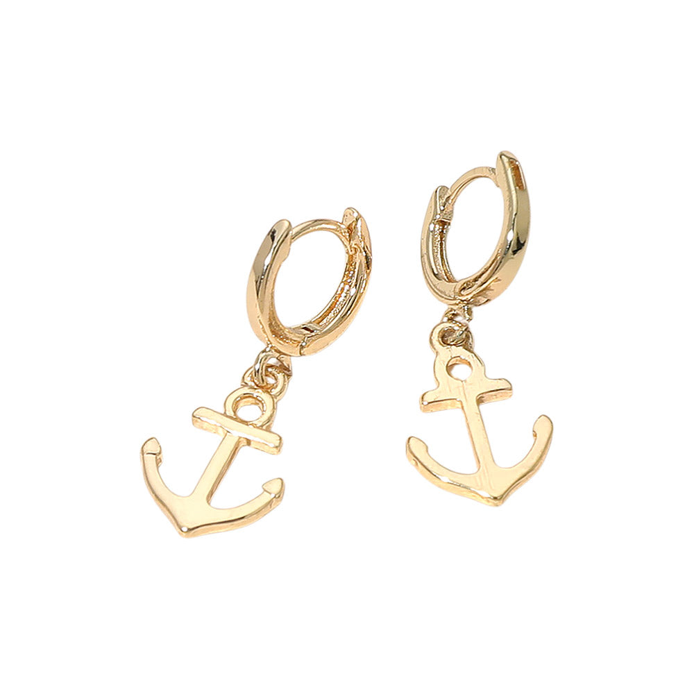 Anchor Charm Drop Huggie Hoop Earrings