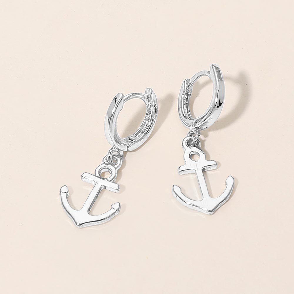Anchor Charm Drop Huggie Hoop Earrings