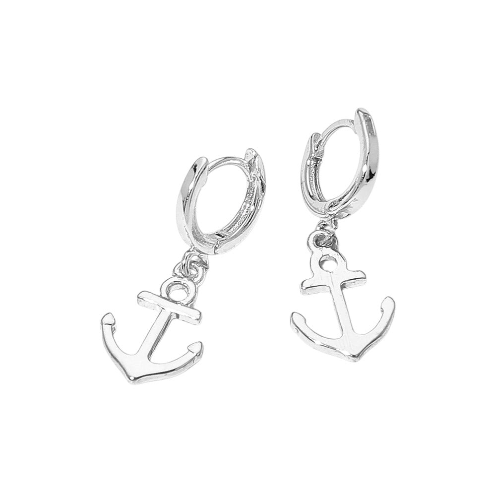 Anchor Charm Drop Huggie Hoop Earrings