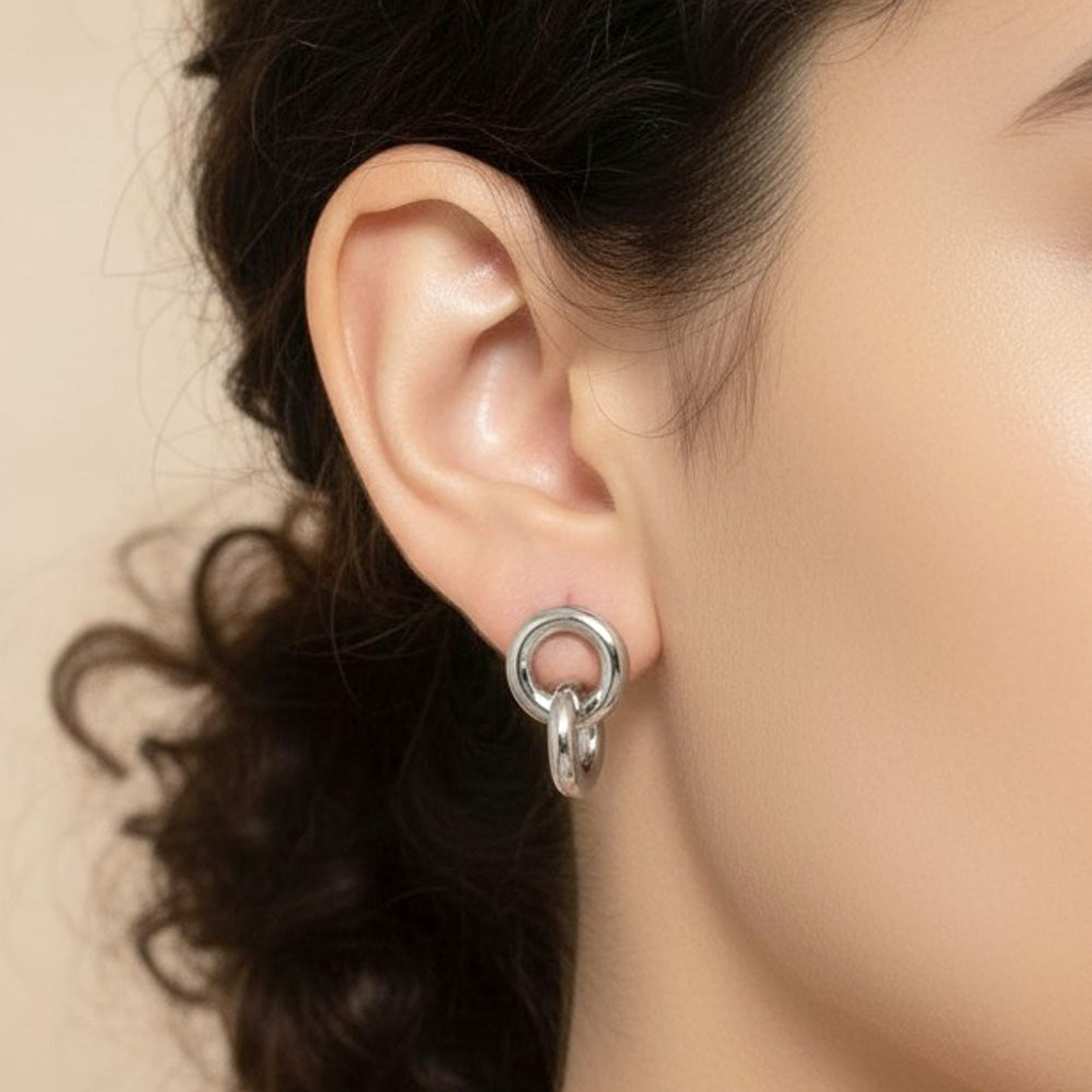 White Gold Dipped Interlocking Double Loop Drop Earrings