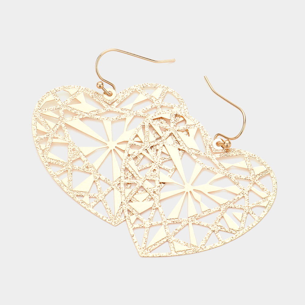 Metal Brass Heart Filigree Dangle Earrings