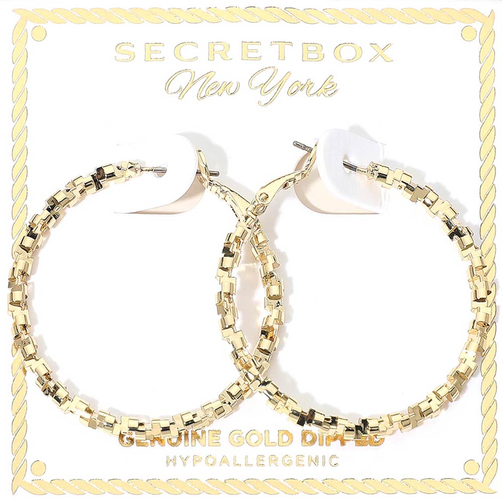 SECRET BOX_Genuine Gold Dipped Hypoallergenic Geometric Textured Hoop Earrings