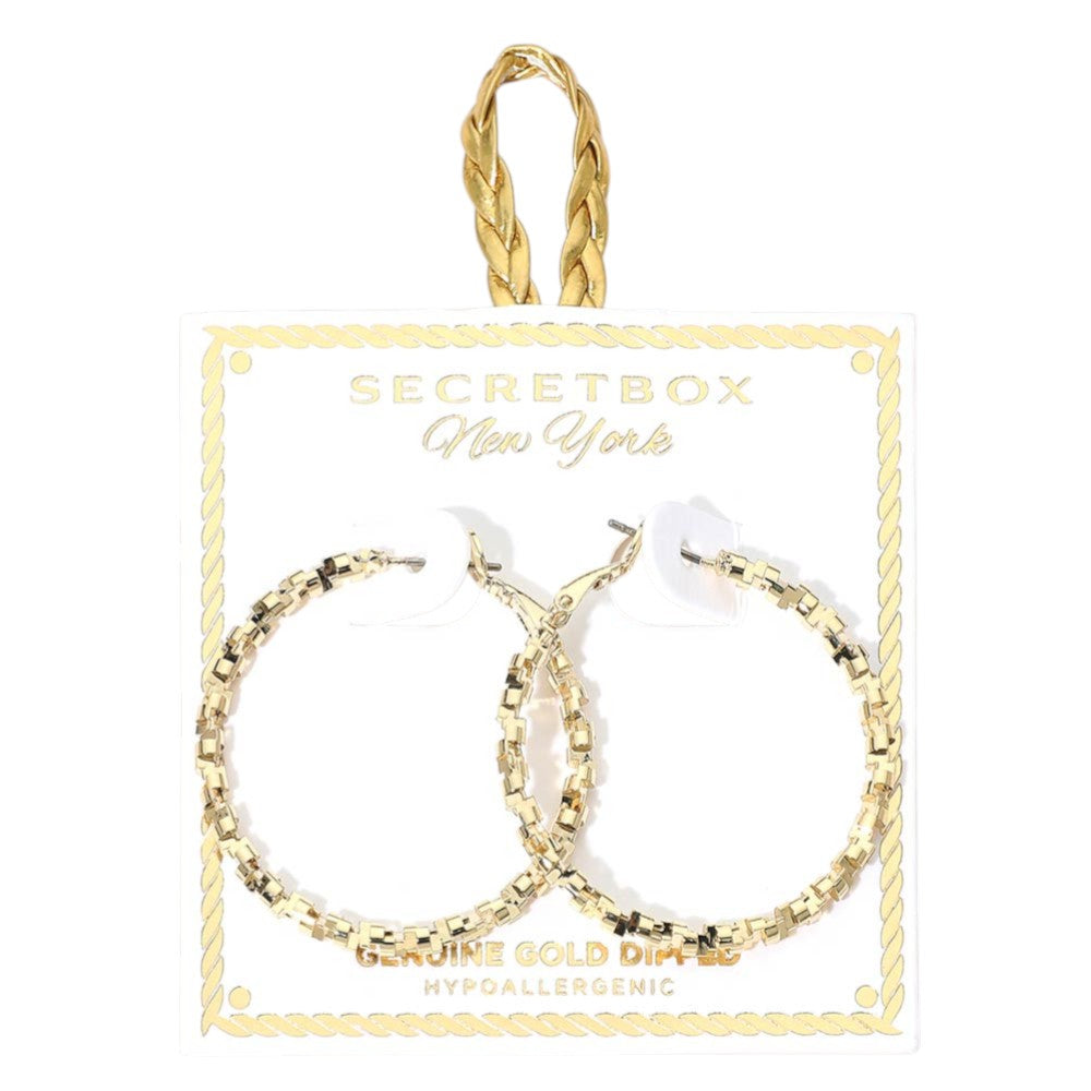 SECRET BOX_Genuine Gold Dipped Hypoallergenic Geometric Textured Hoop Earrings