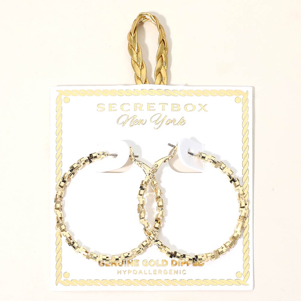 SECRET BOX_Genuine Gold Dipped Hypoallergenic Geometric Textured Hoop Earrings