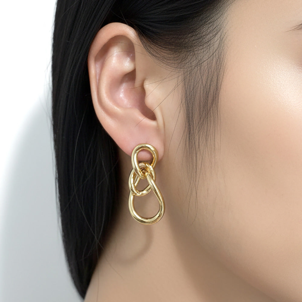 14K Gold Dipped Triple Interlocking Hoop Drop Earrings
