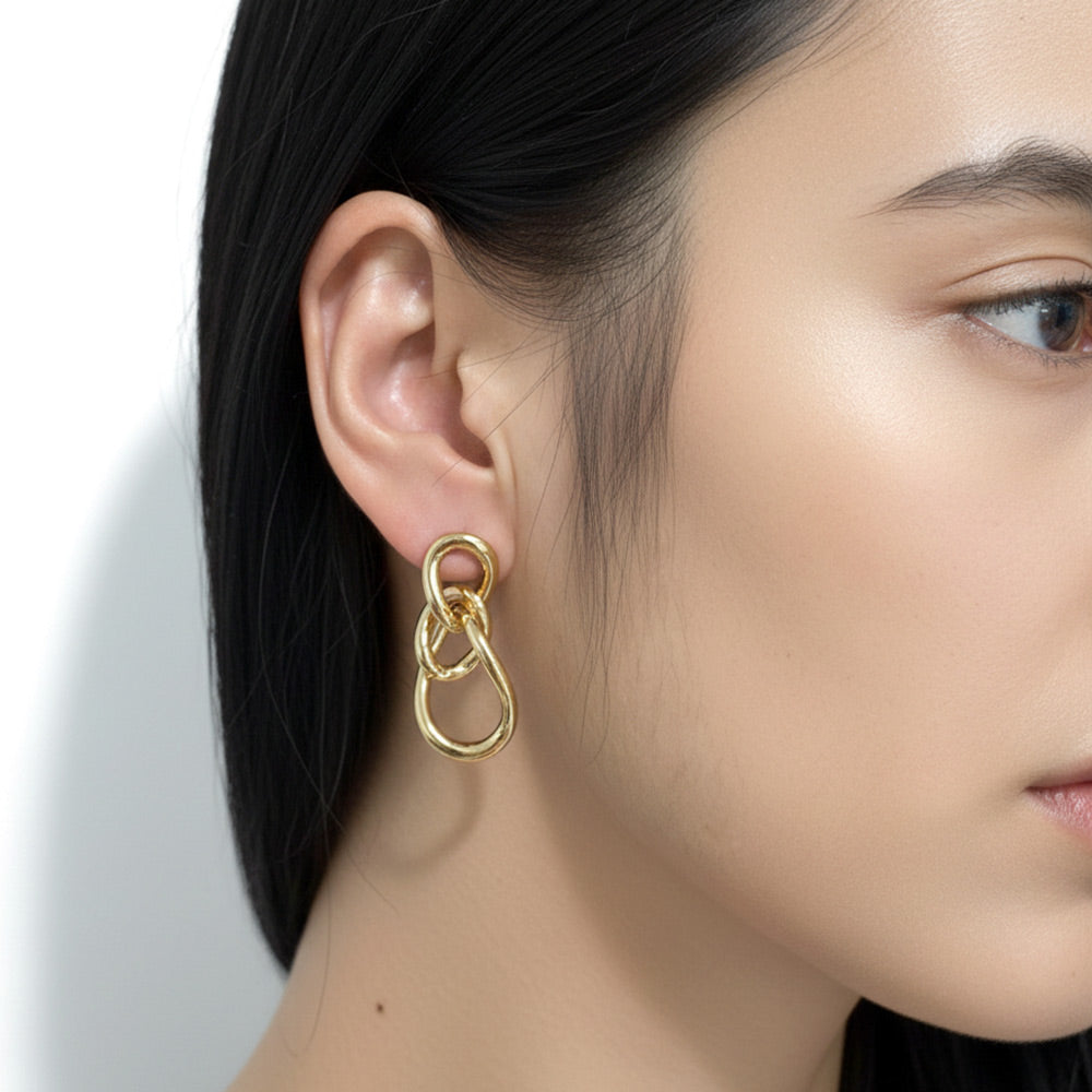 14K Gold Dipped Triple Interlocking Hoop Drop Earrings