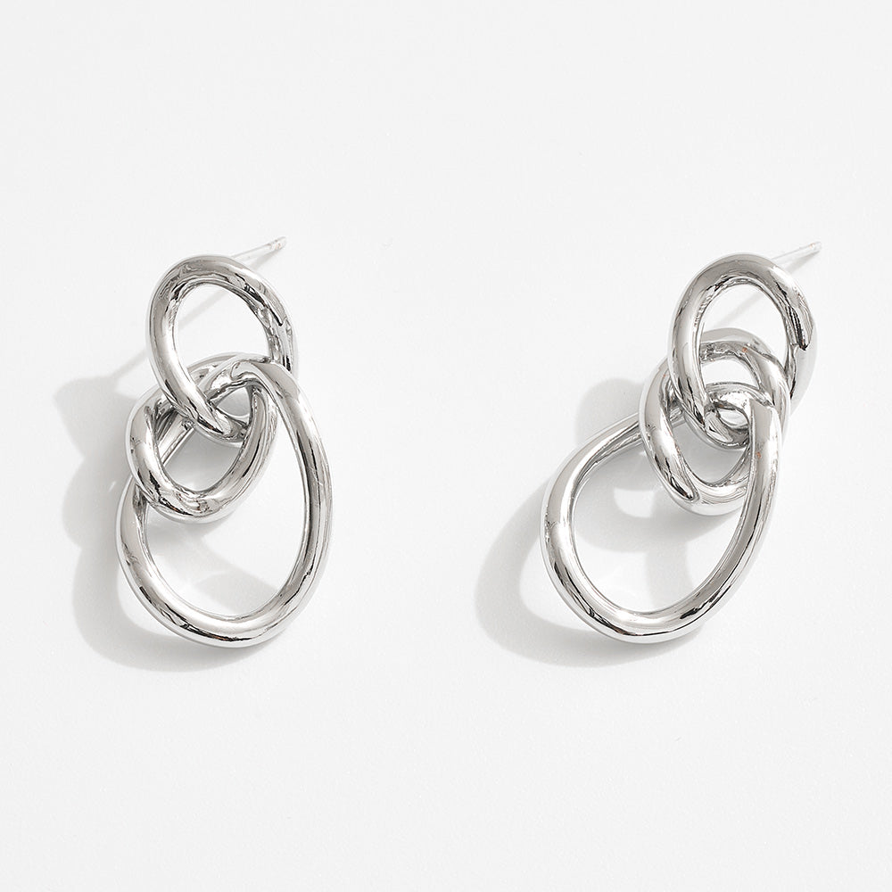 White Gold Dipped Triple Interlocking Hoop Drop Earrings