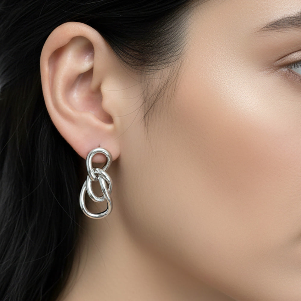 White Gold Dipped Triple Interlocking Hoop Drop Earrings