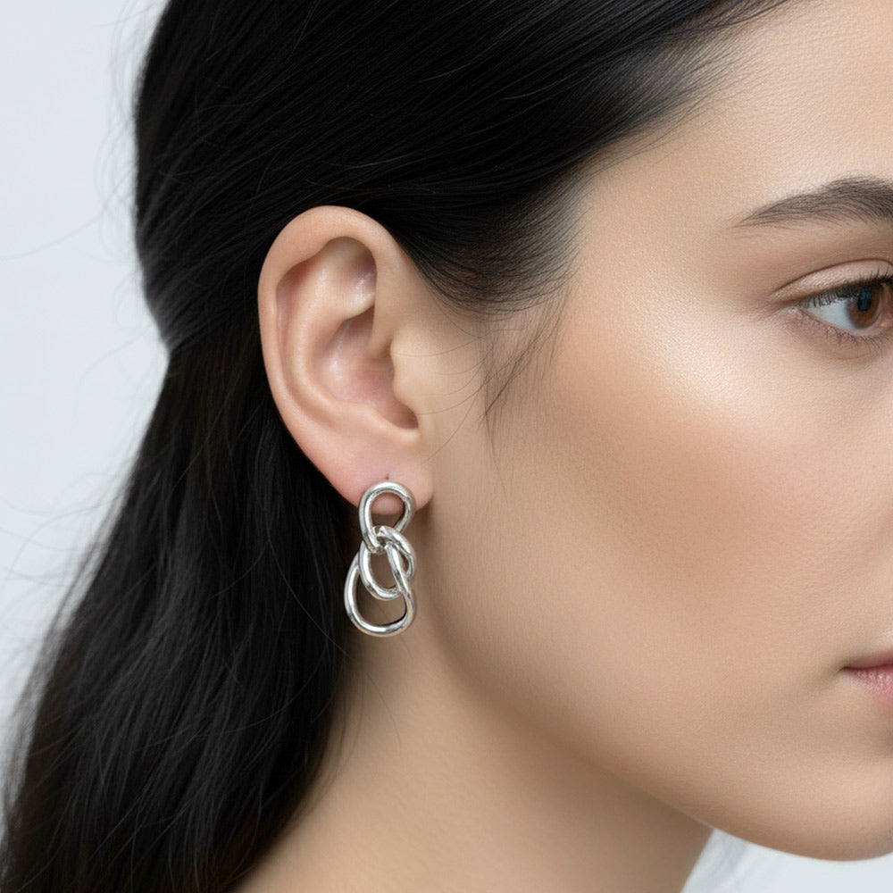 White Gold Dipped Triple Interlocking Hoop Drop Earrings