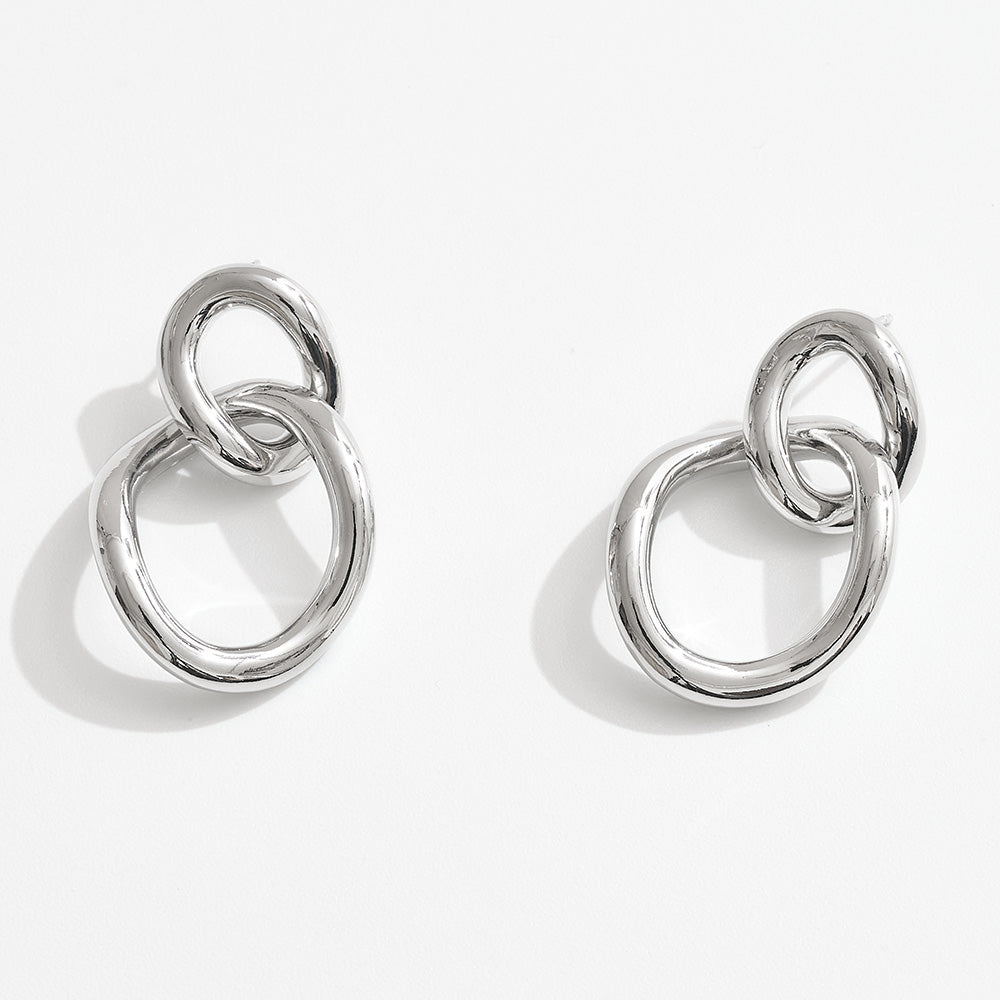 White Gold Dipped Interlocking Round Link Drop Earrings