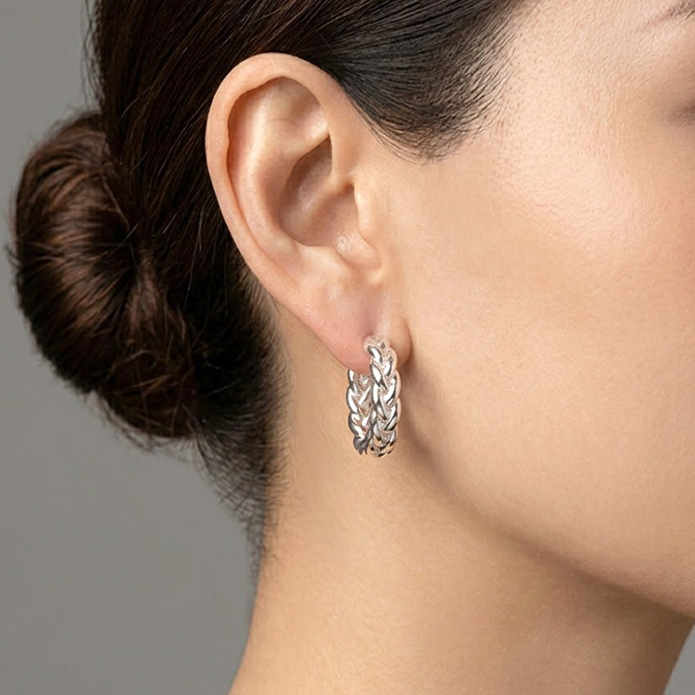White Gold Dipped Chunky Braided Huggie Hoop Earrings