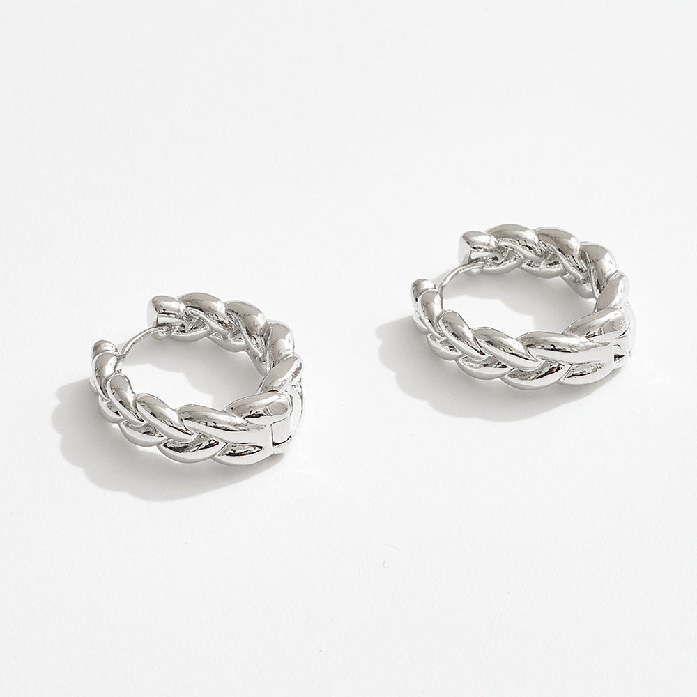 White Gold Dipped Chunky Braided Huggie Hoop Earrings