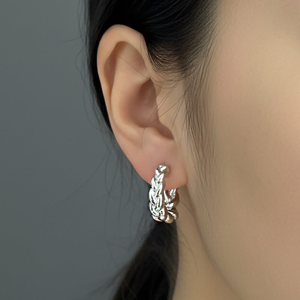 White Gold Dipped Chunky Braided Huggie Hoop Earrings