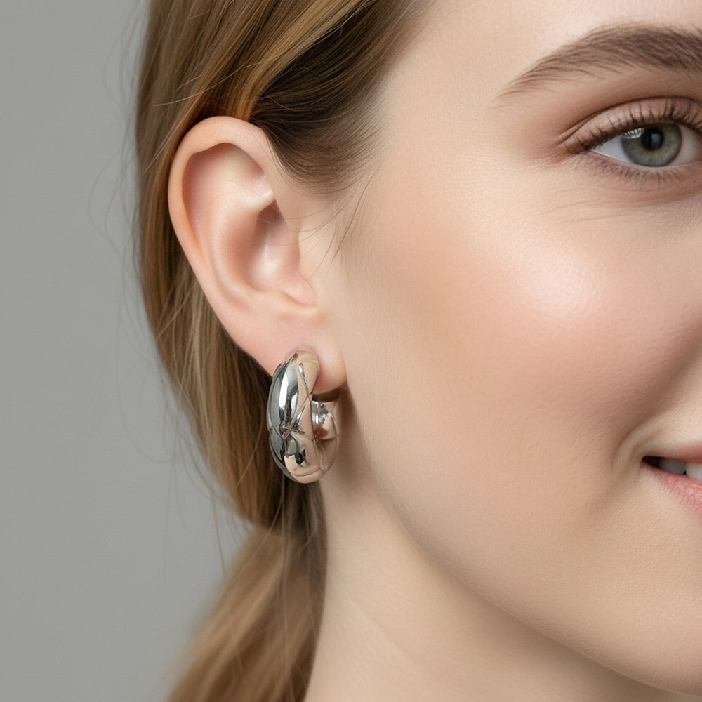 White Gold Dipped Quilted Half Hoop Earrings