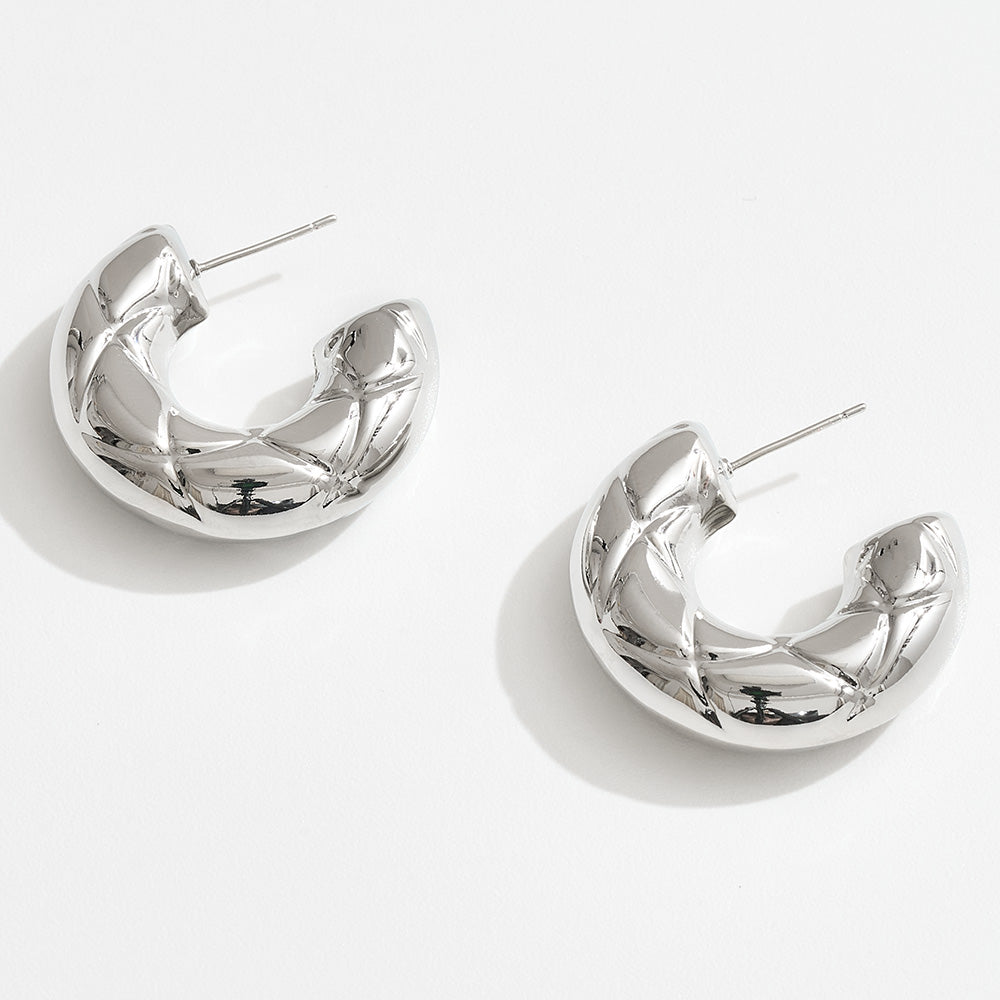 White Gold Dipped Quilted Half Hoop Earrings