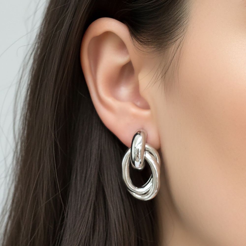White Gold Dipped Double Oval Link Drop Earrings