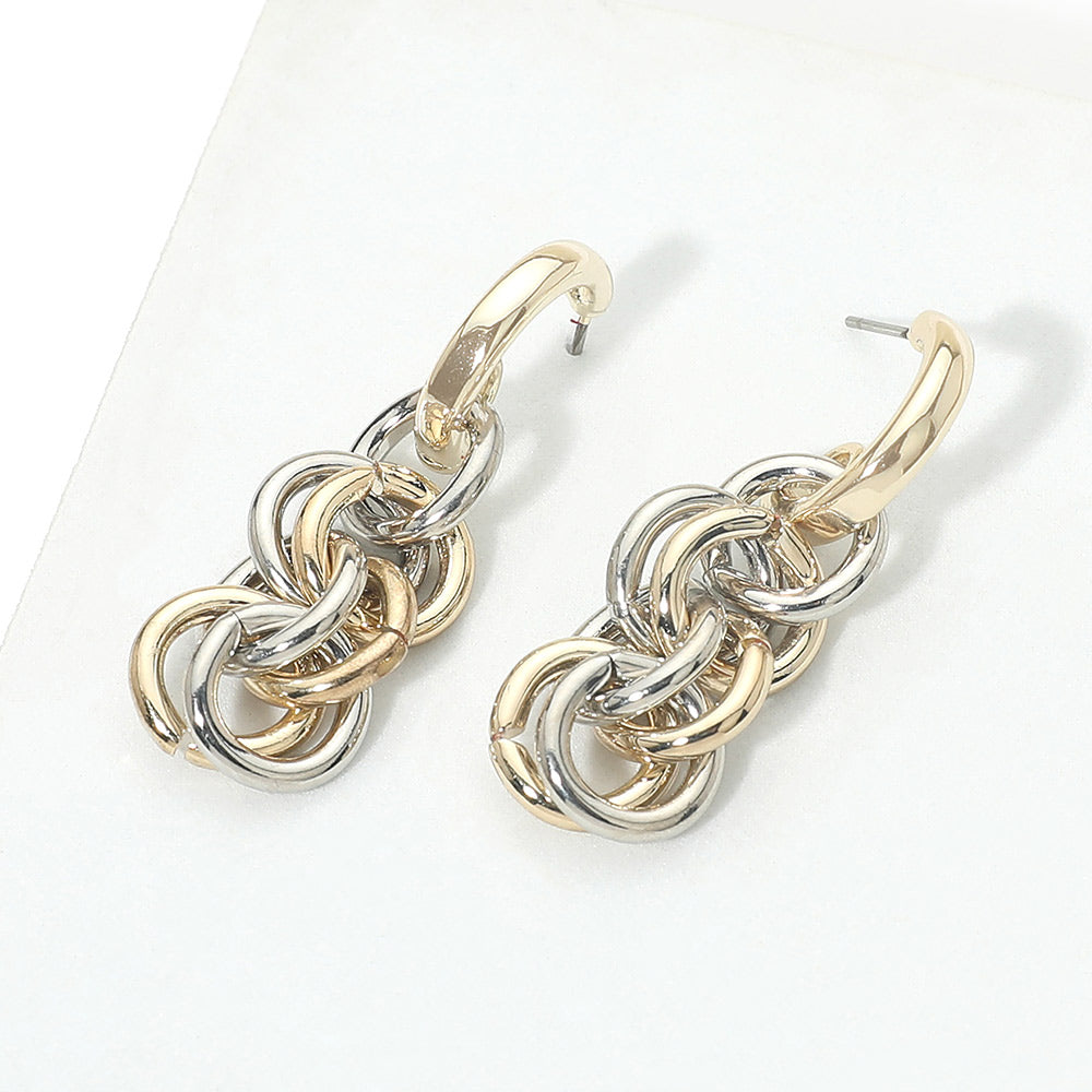 14K Gold Plated Two Tone Interlocking Chain Drop Earrings
