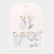 3Pairs - Metal Heart Key Lock Dangle Earrings
