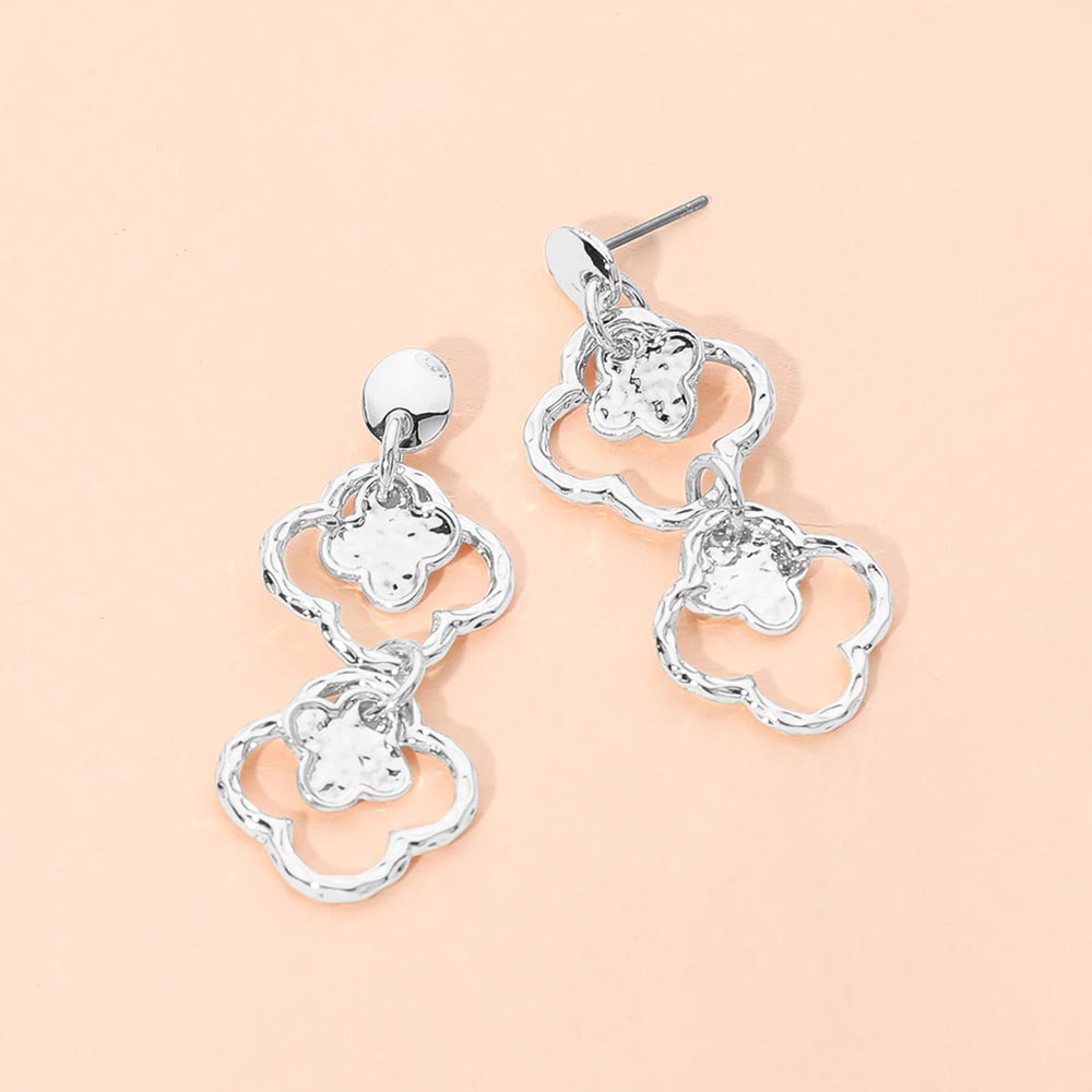 Hammered Metal Double Quatrefoil Link Drop Earrings