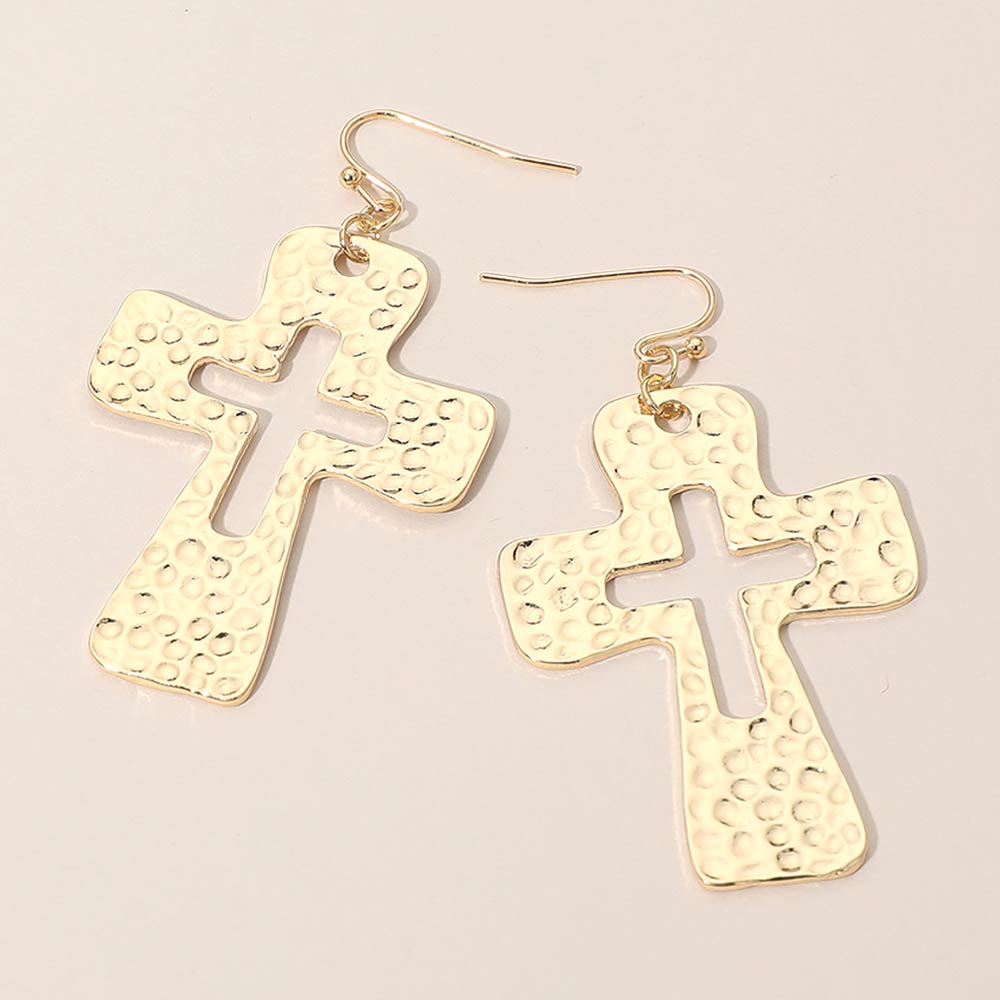 Hammered Metal Open Cross Drop Dangle Earrings