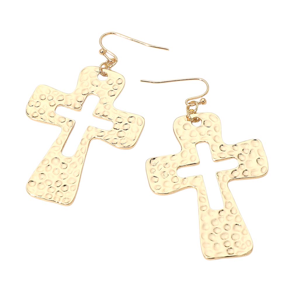 Hammered Metal Open Cross Drop Dangle Earrings
